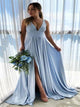 Sky Blue Sweep Train Sleeveless Prom Dresses