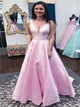 A Line V Neck Open Back Satin Pleats Prom Dresses