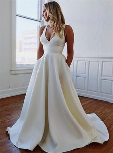 A Line Satin White Sweep Train Sleeveless Prom Dresses