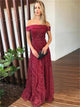 Dark Red Lace Off the Shoulder Prom Dresses