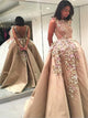 A Line Scoop Open Back Appliques Satin Prom Dresses