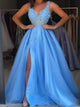 A Line V Neck Blue Tulle Beadings Prom Dresses