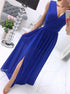 A Line V Neck Blue Long Chiffon Prom Dress with Slit LBQ2651