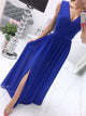 A Line V Neck Blue Long Chiffon Prom Dresses