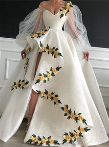 Long Sleeves Asymmetrical Tulle White Prom Dresses 