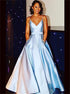 A Line Spaghetti Straps V Neck Satin Prom Dresses with Pockets LBQ2312