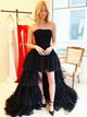 A Line Strapless Black High Low Tulle Pleats Prom Dresses 