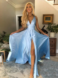 A Line  Split Satin Open Back Prom Dresses 