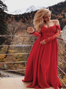 A Line Long Sleeves Red Chiffon Appliques Prom Dresses
