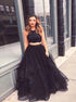 A Line Two Piece Black Tulle Ruffles Beadings Halter Prom Dress LBQ2254