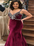 Mermaid Spaghetti Straps V Neck Velvet Rhinestone Prom Dresses LBQ3176