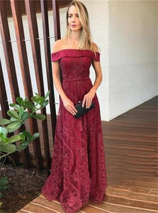 A Line Dark Red Lace Sweep Train Prom Dresses