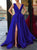 A Line Royal Blue Satin V Neck Long Side Slit Prom Dress 