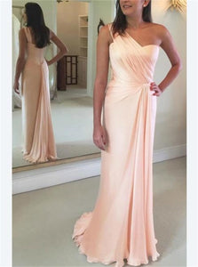 A Line Pink Chiffon One Shoulder Pleats Prom Dresses