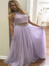 A Line Scoop Lavender Tulle Two Piece Rhinestone Prom Dresses LBQ3068