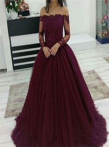 Off the Shoulder Long Sleeves Tulle Prom Dresses with Appliques