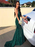 Green Lace Beaded Backless Mermaid V Neck Prom Dress LBQ2430