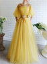 A Line Scoop Beadings Half Sleeves Tulle Yellow Prom Dress LBQ3187