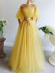 A Line Scoop Beadings Half Sleeves Tulle Yellow Prom Dresses