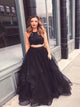 Two Piece Black Sweep Train Evening Dresses
