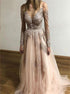 A Line Scoop Light Pink Lace Long Sleeves Tulle Prom Dresses LBQ2115