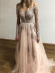 A Line Scoop LLace Long Sleeves Tulle Prom Dresses 