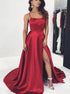 A Line Spaghetti Straps Red Satin Prom Dress with Slit LBQ1009
