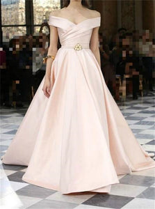Pink Satin Off Shoulder A Line Prom Dresses 