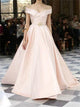 Pink Satin Off Shoulder A Line Prom Dresses 