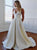 A Line V Neck Satin White Prom Dresses with Pleats