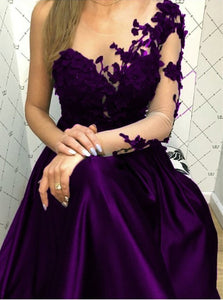 Purple Scoop Lace One Shoulder Long Sleeves Satin Prom Dresses