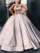 Glitter Strapless Ball Gown Satin Pleats Prom Dresses