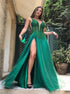 A Line V Neck Satin Tulle Appliques Prom Dresses with Slit LBQ3130