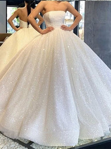 Ball Gown Strapless White Sequins Long Tulle Prom Dresses 