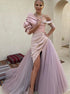 A Line Tulle Off Shoulder Slit V Neck Satin Prom Dress LBQ2747