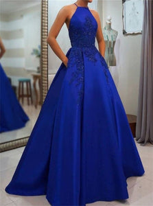 Royal Blue Halter Satin Appliques Prom Dresses