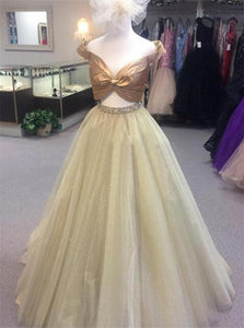 A Line Two Piece Tulle Off The Shoulder Beadings Prom Dresses 