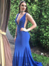 Mermaid V Neck Satin Blue Pleats Prom Dress LBQ2820