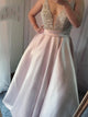 A Line V Neck Satin Floor Length Pink Prom Dresses 