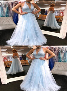 A Line Halter Tulle Sequins and Beadings Floor Length Prom Dresses