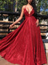 A Line Lace Up V Neck Sequins Prom Dress LBQ1581