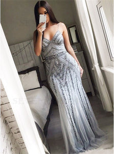 Sweep Train Grey Evening Dresses with Beadings
