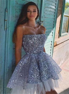 A Line Strapless Tulle Sequin Short Prom Dresses