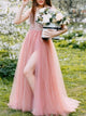A line V Neck Tulle Beads Sequins Lace Up Prom Dresseses