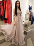 A Line Scoop Organza Lace Applique Beaded Prom Dresses LBQ3196