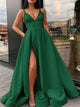 Spaghetti Straps V Neck Green Satin Prom Dresses