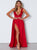 A Line V Neck Red Satin Open Back Prom Dresses with Slit 