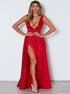 A Line V Neck Red Satin Open Back Prom Dresses with Slit LBQ2966