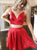 Two Pieces A Line V Neck Red Short Prom Dresses