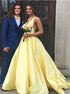 A Line V Neck Sleeveless Satin Prom Dress Pockets LBQ1864